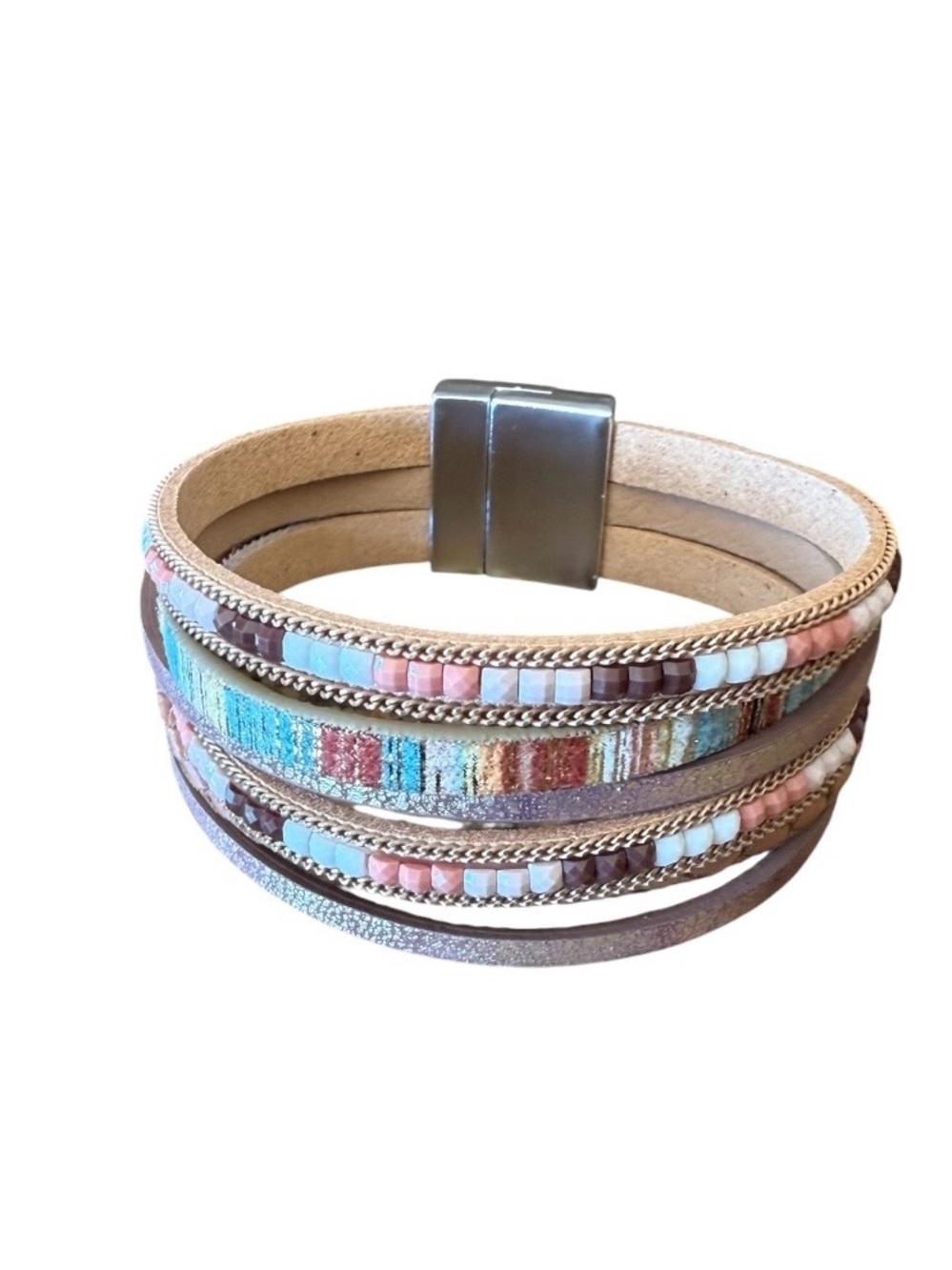 Multi-Strand Pastel& Brown Bead & Leather Wrap Bracelet